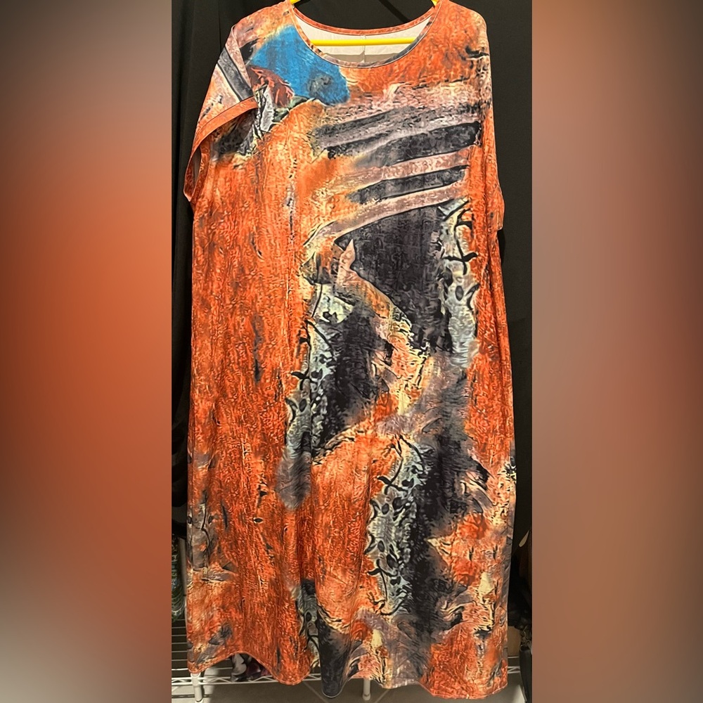 Abstract Orange and Black Short Sleeve Dress
